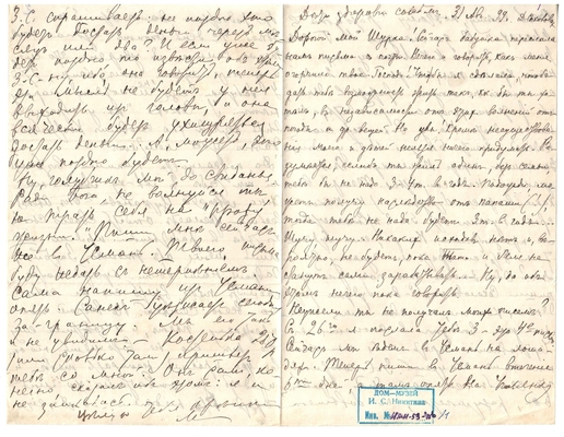 Письмо Марии Васильевны Эртель (урожденной Огарковой) к Александру Ивановичу Эртель 31.08.1899 г