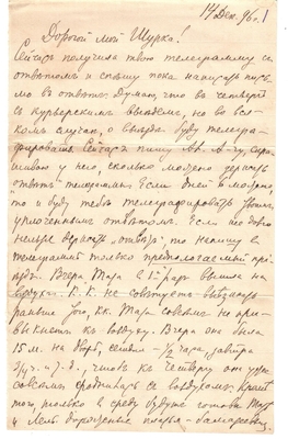 Письмо Марии Васильевны Эртель (урожденной Огарковой) к Александру Ивановичу Эртель 14.12.1896 г