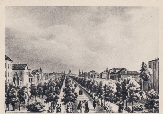 Открытка "Тверской бульвар", из набора "Пушкин в Москве, по материалам Государственного музея А.С. Пушкина в Москве"