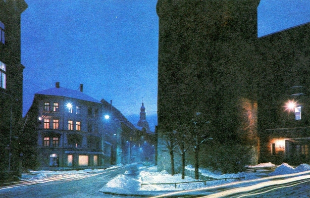 Открытка "Латвийская ССР. Рига. Пороховая башня", на латышском, русском, английском и немецком языках