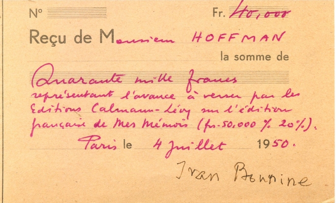 Чек на получение гонорара, подписан И.А. Буниным. Париж, 4 июля 1950 г.