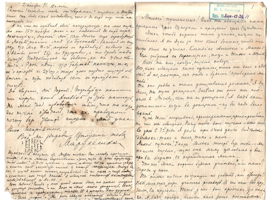 Письмо Марии Васильевны Эртель (урожденной Огарковой) к Александру Ивановичу Эртель 21.11.1891 г