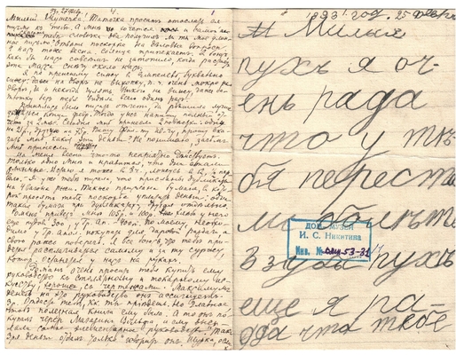 Письмо Марии Васильевны Эртель (урожденной Огарковой) к Александру Ивановичу Эртель 27.02.1893 г. Лист 1