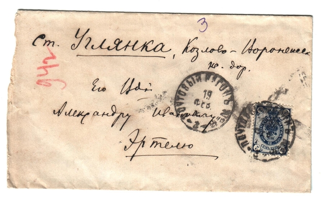 Конверт от письма Марии Васильевны Эртель (урожденной Огарковой) к Александру Ивановичу Эртель 19.02.1894 г.