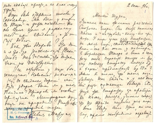 Письмо Марии Васильевны Эртель (урожденной Огарковой) к Александру Ивановичу Эртель 02.10.1896 г