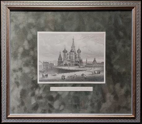 Гравюра. Payne A.H., Bydgoszcz D. Wasili Blagennoi, or the Cathedral of St. Basil. Moscow. [Пейн А.Г., Быдгощ Д. Василий Блаженный или Собор Св. Василия. Москва]. В раме под стеклом.