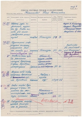 Личный листок по учету кадров МГРИ. Список научных трудов Климентова П.П. Лист 4.