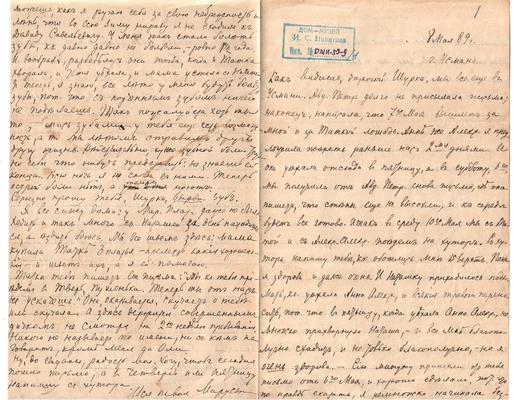Письмо Марии Васильевны Эртель (урожденной Огарковой) к Александру Ивановичу Эртель 08.05.1889 г