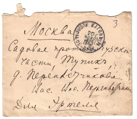 Конверт от письма Марии Васильевны Эртель (урожденной Огарковой) к Александру Ивановичу Эртель 20.11.1889 г.