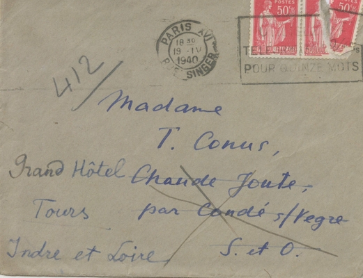 Конверт от письма Л. Зурова к Т.С. Конюс (ур. Рахманиновой) от 18.04.1940 г.