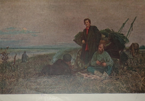 Открытка: Г.А. Гончаров "А.В. Кольцов в донских степях". Тип. Изд-ва "Советский художник". М., 1958 г. На берегу реки у костра два крестьянина и А.В. Кольцов. Из собрания О.Г. Ласунского. Изображение цветное.