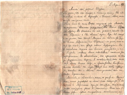 Письмо Марии Васильевны Эртель (урожденной Огарковой) к Александру Ивановичу Эртель 05.03.1898 г