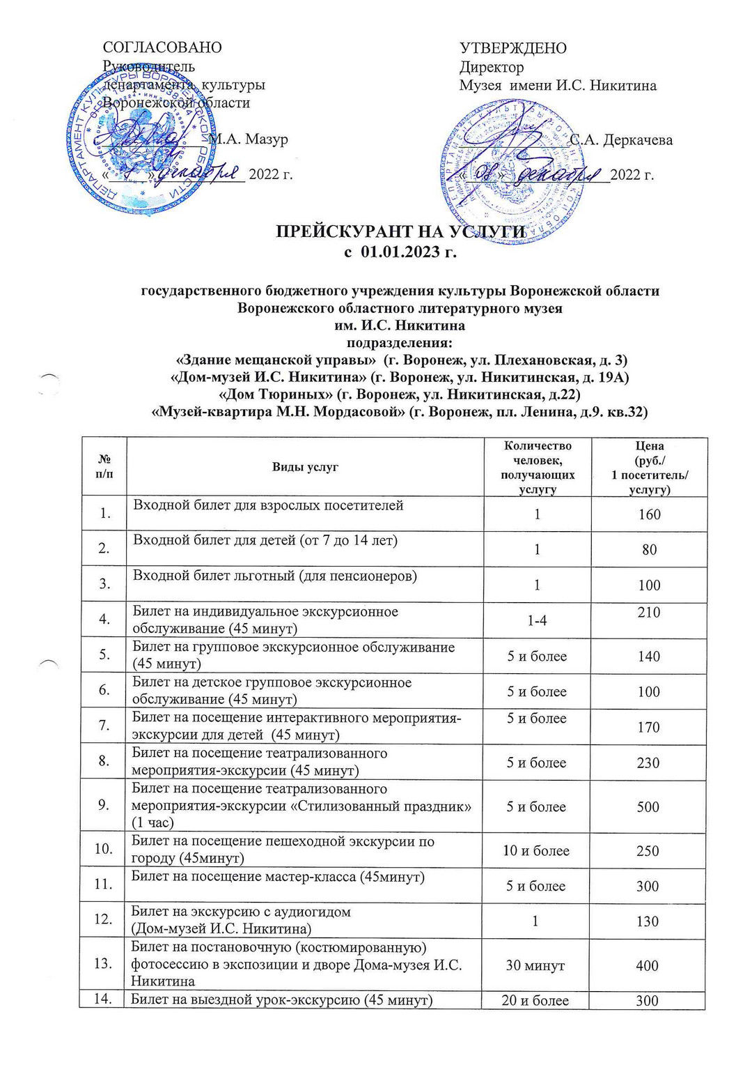 Прейскурант | музей им. Никитина